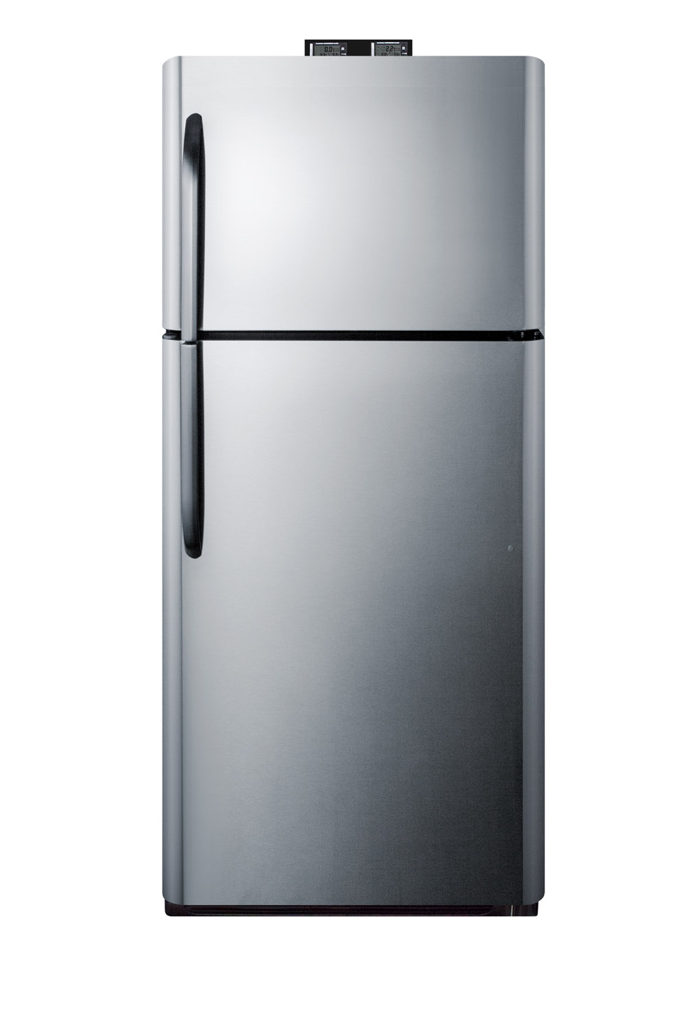 21 cu.ft. break room refrigerator-freezer with stainless steel doors, black cabinet, and NIST calibrated alarm/thermometers